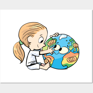 little girl cares for the injured planet earth Posters and Art